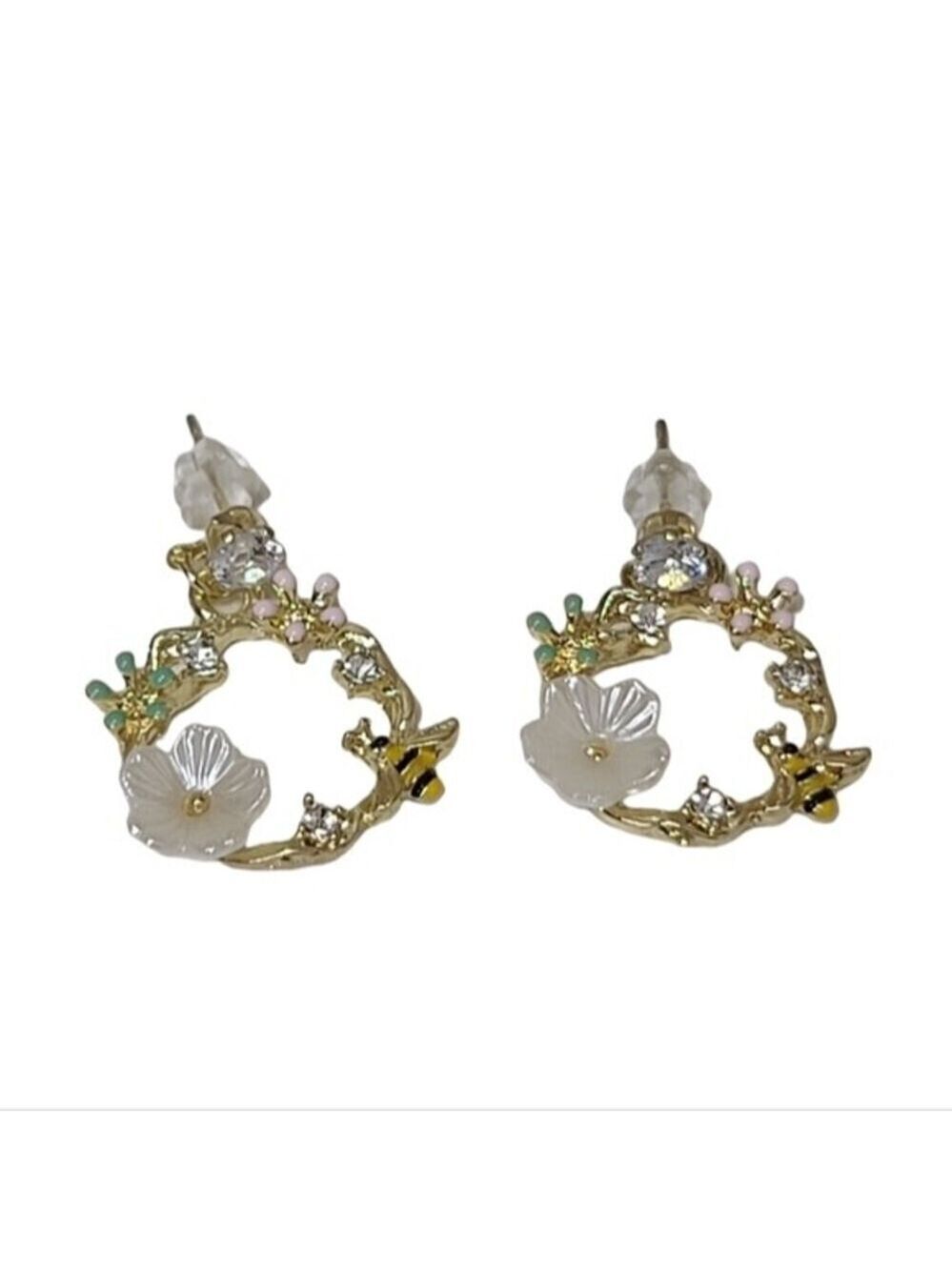 NWT Flower Bee Drop Down Rhinestone Earrings - Picture 1 of 5